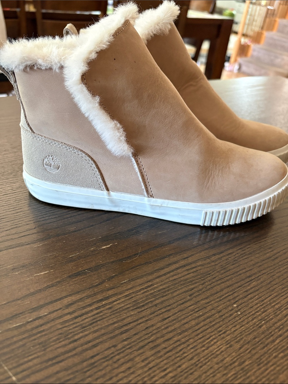 Timberland Women's Faux-Fur Trim Slip-On Ankle Boots in Blush Tan